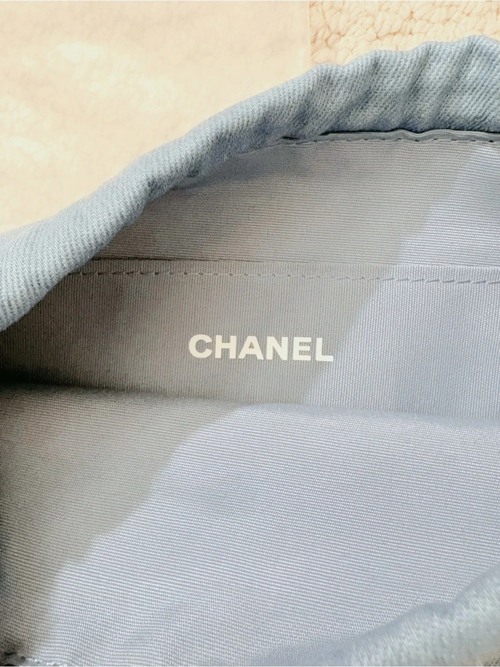 CHANEL Makeup Bag/ Light Blue Drawstring Cosmetic Pouch